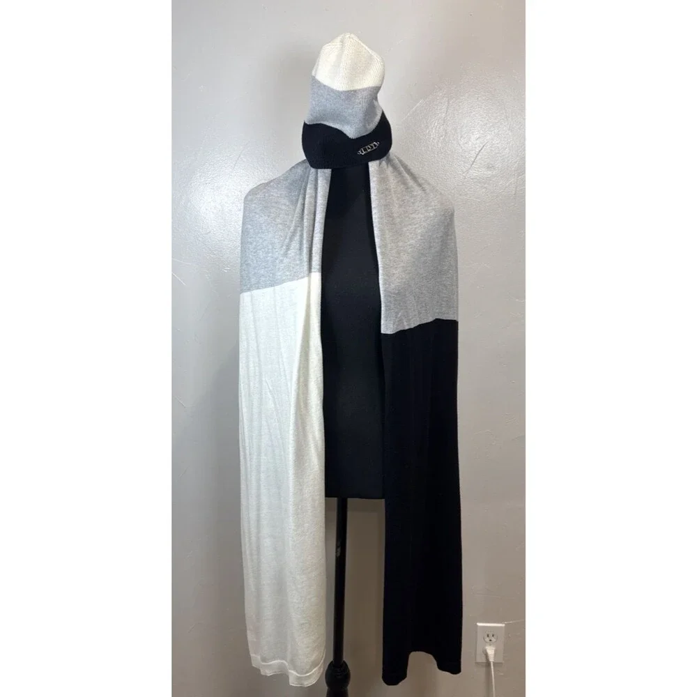 LDT Cap and Scarf Cashmere Blend Cream Black Gray Stripe